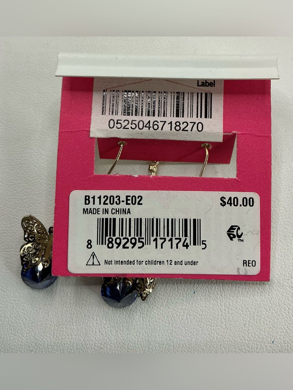BETSEY JOHNSON GOLD TONE BLUE CUBIC ZIRCONIA DROP BUTTERFLY EARRINGS NWT - Picture 2 of 2